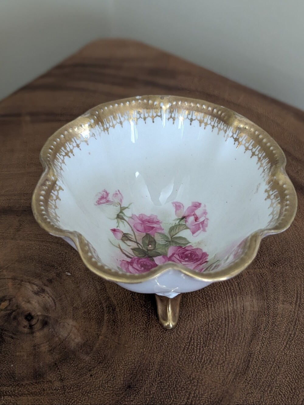 R S Prussia 3 Footed Nut Bowl? Scalloped Pearl Lustre Edge Circa 1870's to 1914